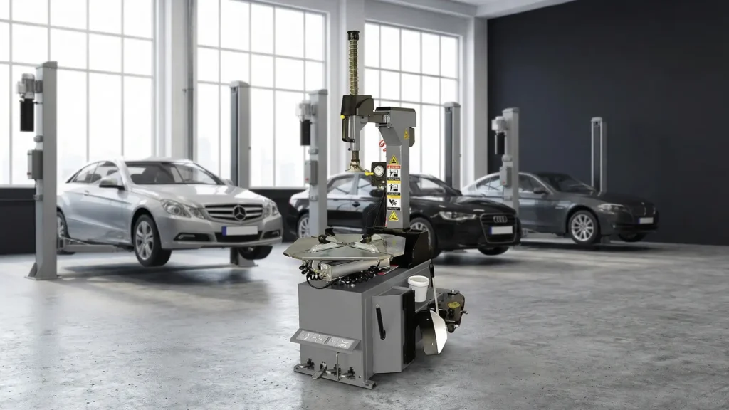 Reifenmontiermaschine in moderner Kfz-Werkstatt, im Hintergrund mehrere Fahrzeuge auf Hebebühnen.